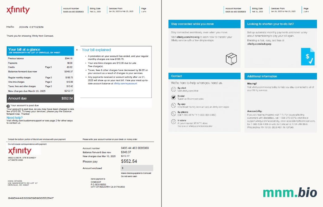 Szablon rachunku za media USA Xfinity w formatach Word i PDF, 4 strony, Wersja 2, 1-2 strony